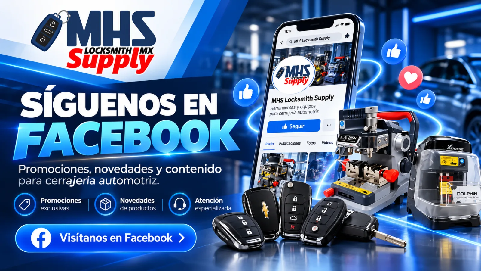 Síguenos en Facebook: promociones, novedades y contenido para cerrajería automotriz.